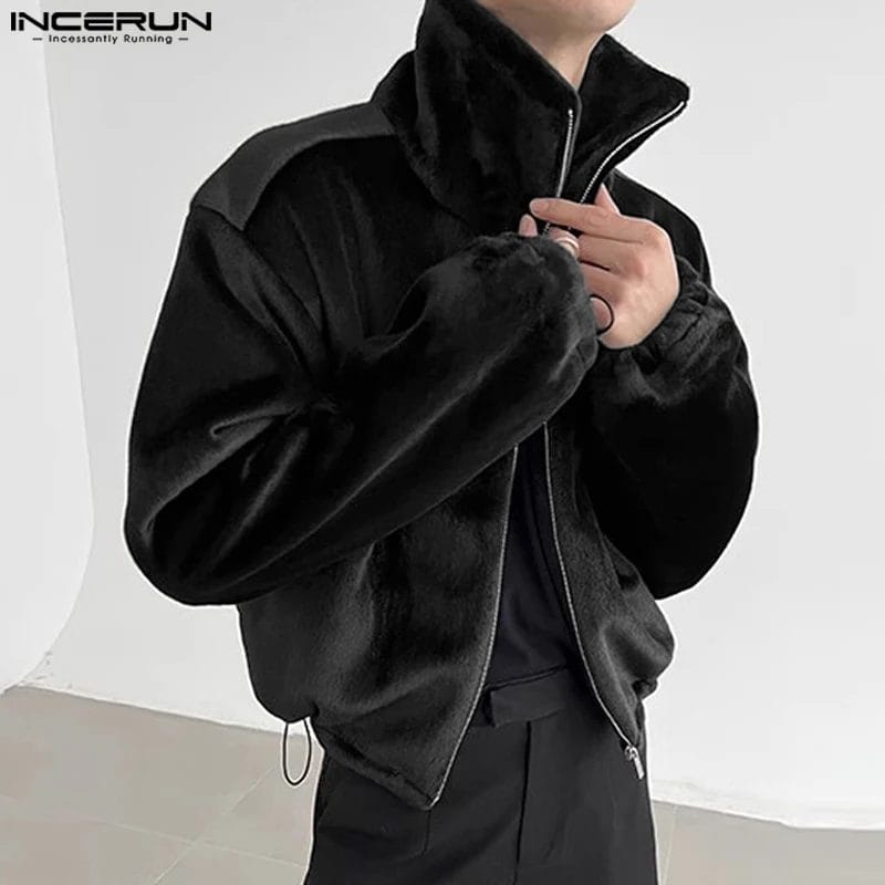 2023 Men's Jackets Plush Solid Color Lapel Zipper Long Sleeve Fashion Male Coats Streetwear Fleece Casual Jackets S-5XL INCERUN 1