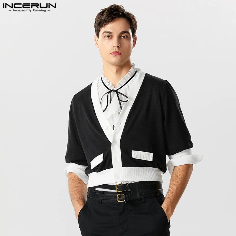 2023 Men Shirt Patchwork V Neck Half Sleeve Button Down Casual Men Clothing Streetwear Elegant Stylish Camisas S-5XL INCERUN 1