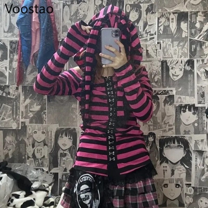 Japanese Gothic Pink Black Striped Hoodies Harajuku Women Cute Long Ears Hooded Sweatshirts Girls Sweet Off Shoulder Punk Coats 1