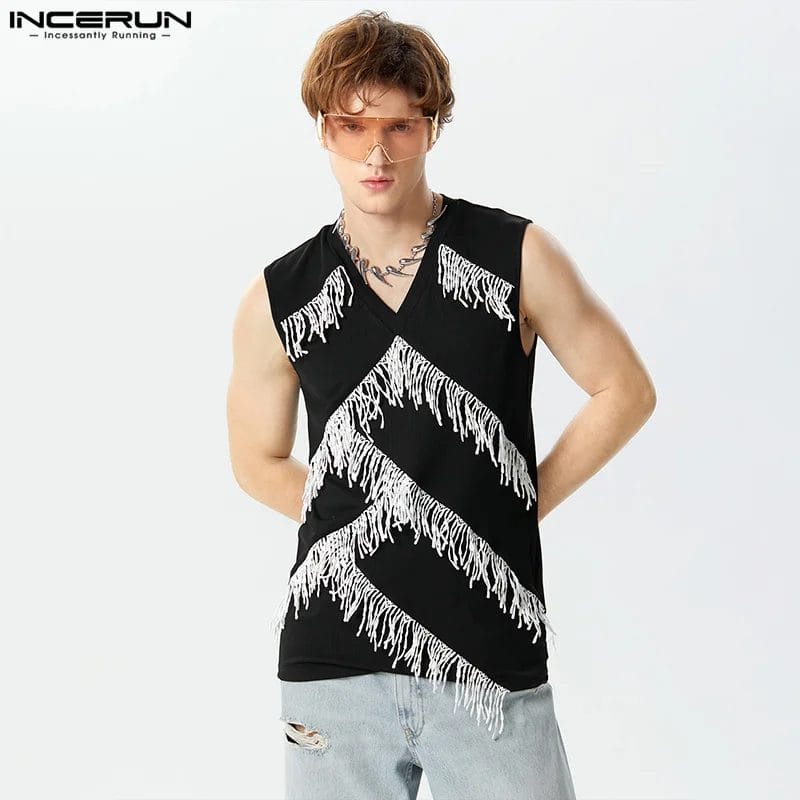 Men Tank Tops Tassel Patchwork O-neck Sleeveless Streetwear Male Vests Knitted 2024 Fashion Casual Men Clothing S-3XL INCERUN 1