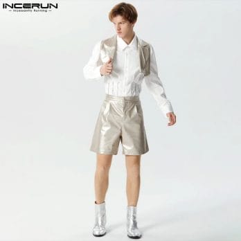 INCERUN 2024 Men Sets PU Leather Streetwear Solid Lapel Sleeveless Crop Vests & Shorts 2PCS Fashion Men's Casual Suits S-5XL 2