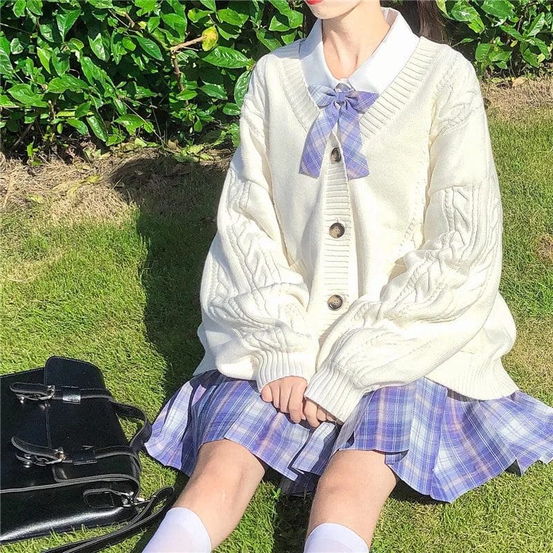 Japanese Sweet Girls JK Cardigan Loose Knitted Twist Sweater Coat Student School Uniform Women Fashion Double Pockets Knitwear 1