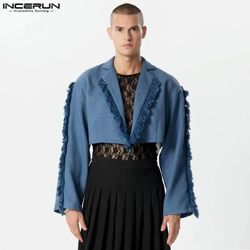 Men Blazer Tassel Patchwork Lapel Long Sleeve Open Stitch Male Crop Coats Streetwear 2023 Fashion Casual Suits Men S-5XL INCERUN 1