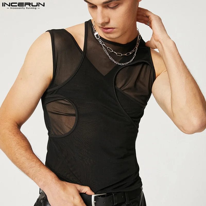 Men Tank Tops Hollow Out Mesh Transparent Streetwear Solid O-neck Sleeveless Vests 2023 Sexy Party Nightclub Tops INCERUN S-5XL 1