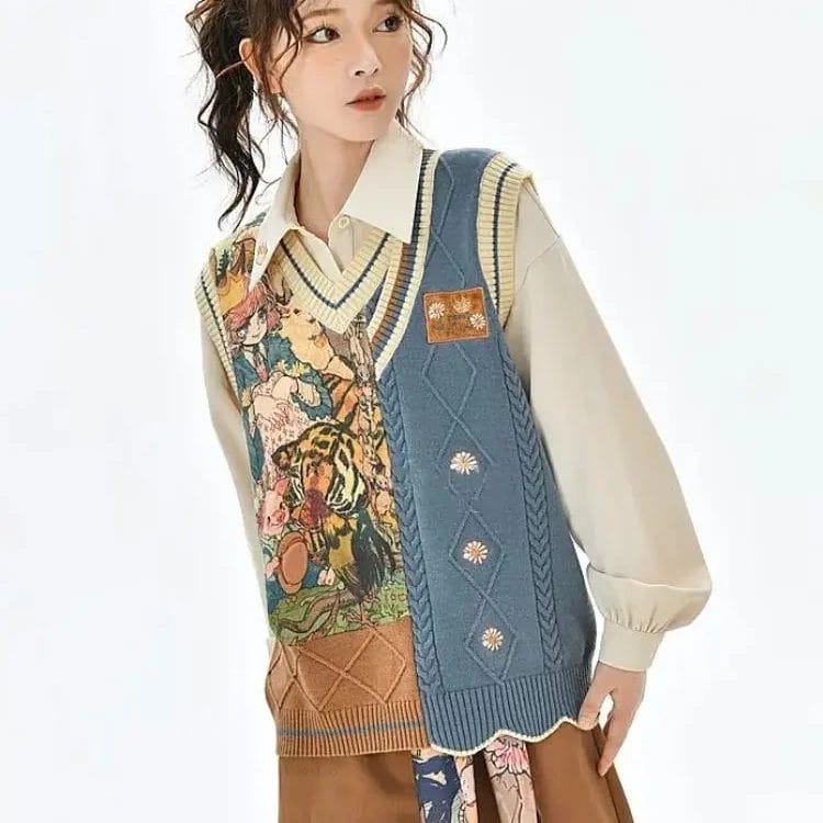 Vintage Sweet Sweater Vest Spring Autumn Women Casual Cartoon Jacquard Knitted Jumpers Tops Female V-Neck Waistcoat Knitwear 1