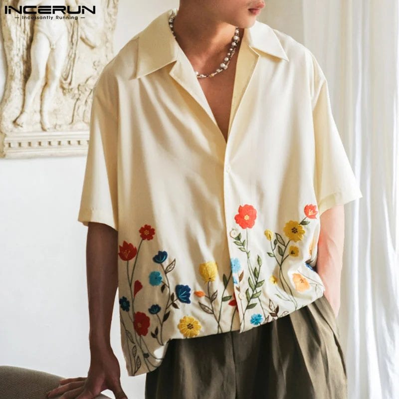 2023 Men Shirt Flower Printing Lapel Short Sleeve Loose Summer Streetwear Men Clothing Korean Style Casual Shirts S-5XL INCERUN 1