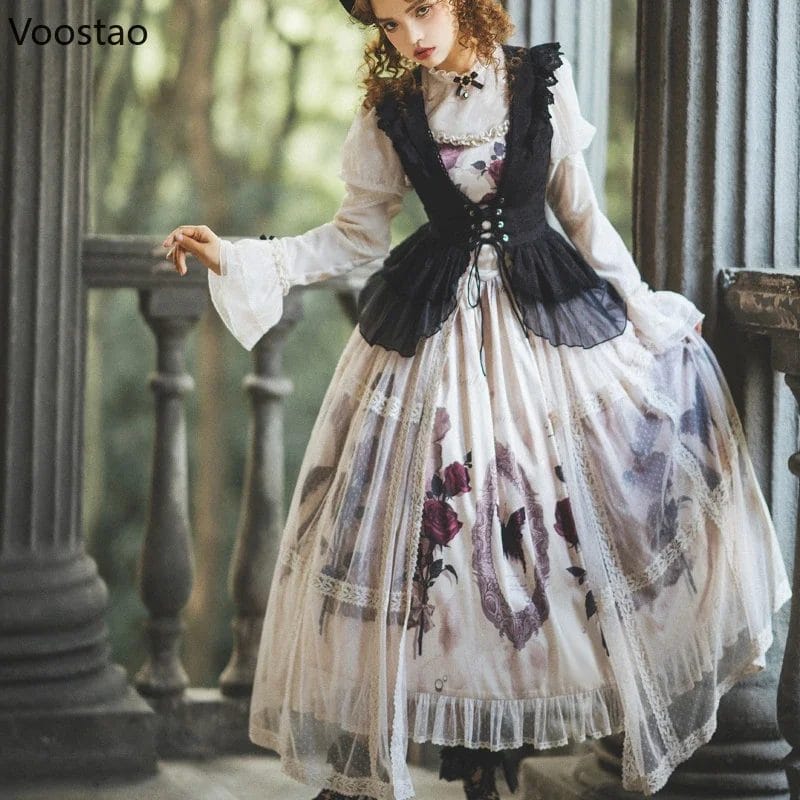 Victorian Gothic Lolita Dress Women Sweet Rose Specimen Print Dress Lace Sleeve Blouses Slim Mesh Vintage Elegance Lolita Sets 1