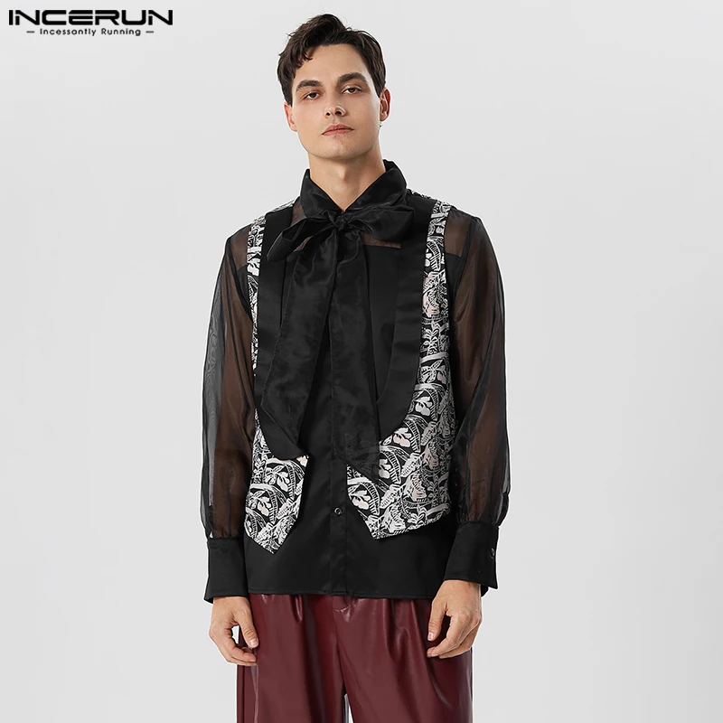 Men Vests Printing Patchwork Deep V Neck Sleeveless Button Casual Waistcoats Men Streetwear 2023 Fashion Tank Tops S-5XL INCERUN 1