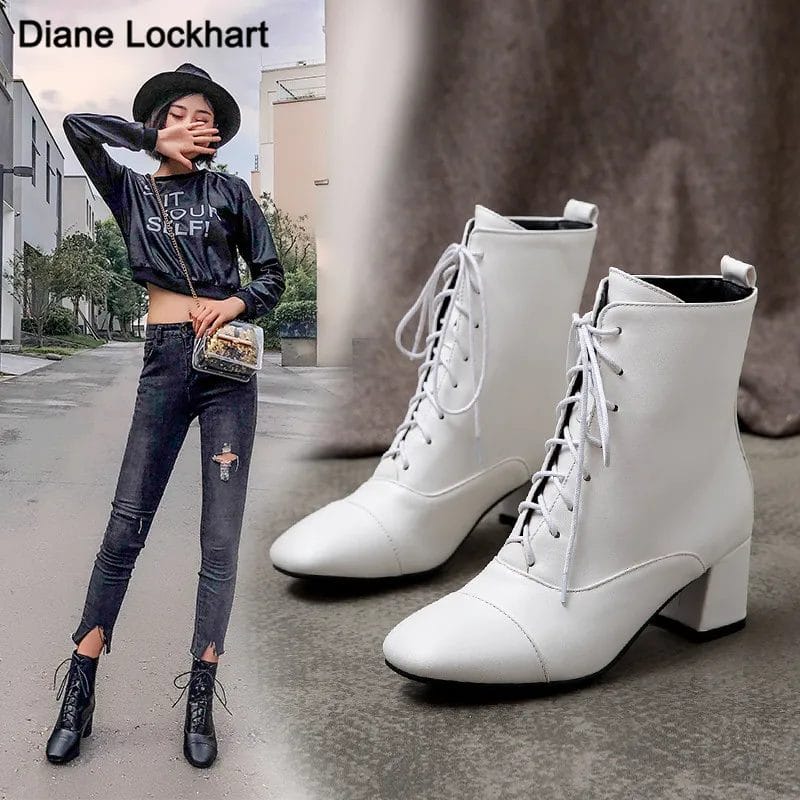 2023 New Fashion Boots Women Shoes Thick Heel PU Leather Ankle Boots Female Winter Bootie Warm Lace-up Botas Mujer White Black 1