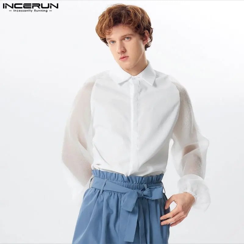 Men Shirt Mesh Patchwork Lapel Long Sleeve Button Streetwear Men Clothing 2024 Transparent Fashion Casual Camisas S-5XL INCERUN 1