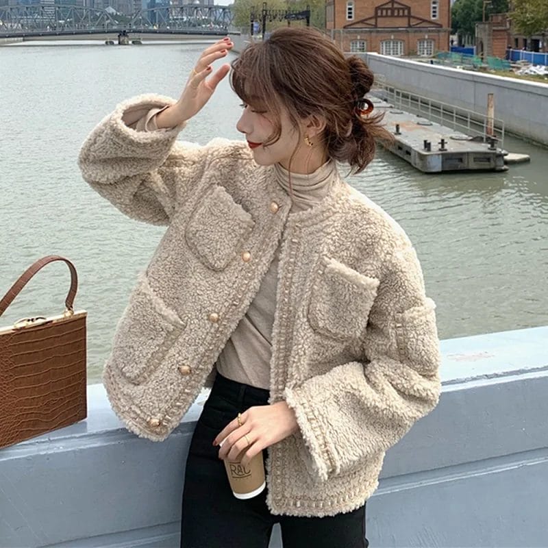 Autumn Winter Small Fragrance O-Neck Lambswool Jackets Women Korean Chic Elegant Short Coat Casual Loose Lady Vintage Outerwear 1