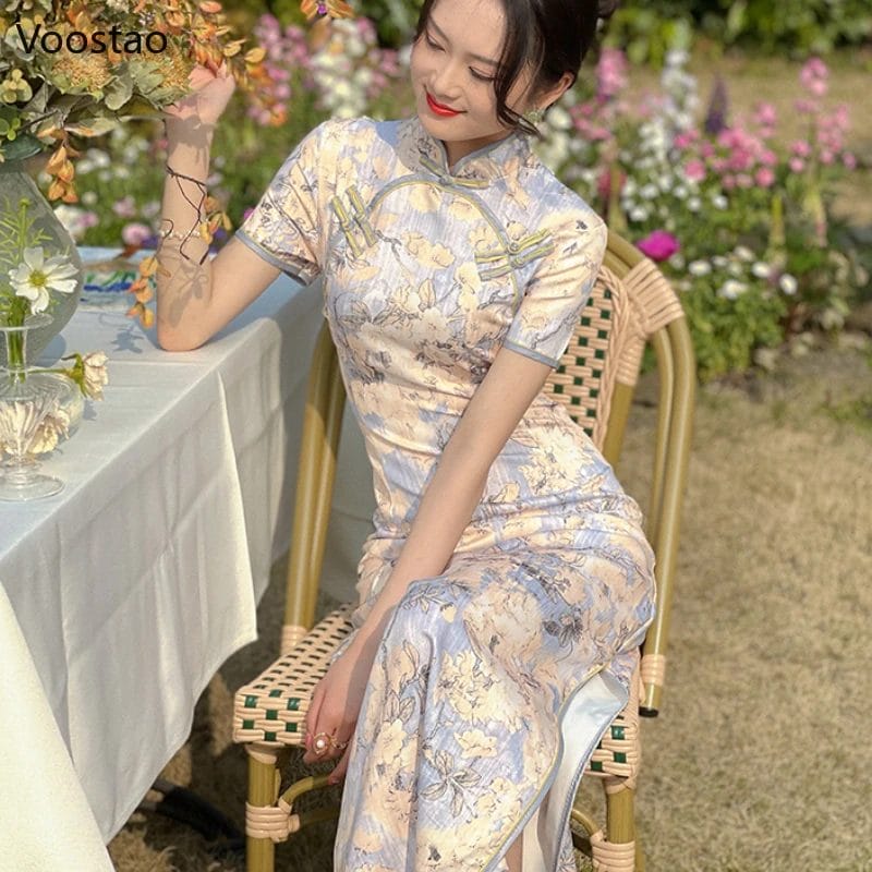 Chinese Style Vintage Elegant Cheongsam Dress Women Traditional Floral Print Short Sleeve Slim Dresses Female Qipao Vestidos 1