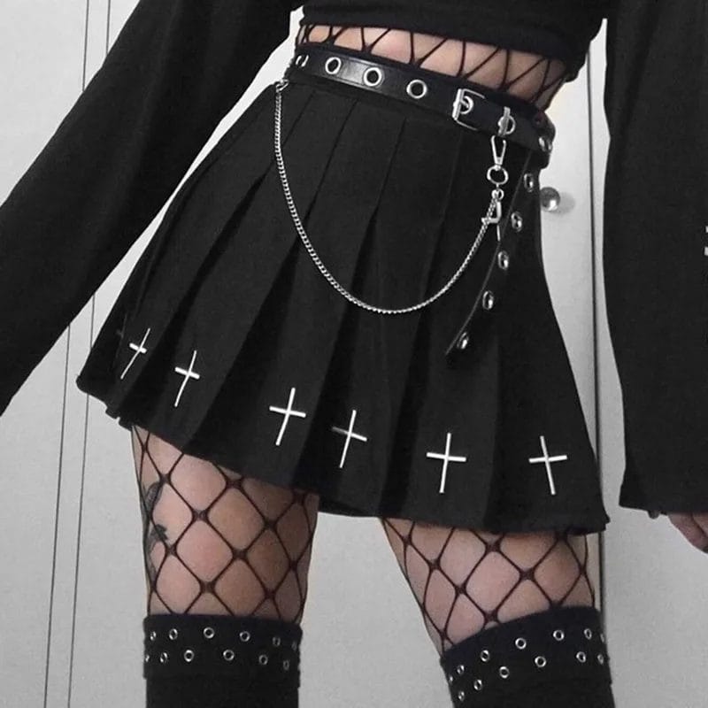 2020 Women Harajuku Sweet Fresh Feeling High Waist Pleated Skirt Elastic Waist Cross Embroidery Skirt black skirt Pleated Skirt 1