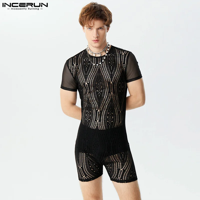 2024 Men Bodysuits Lace Patchwork Hollow Out Transparent Male Rompers O-neck Short Sleeve Sexy Zipper Fashion Playsuits INCERUN 1