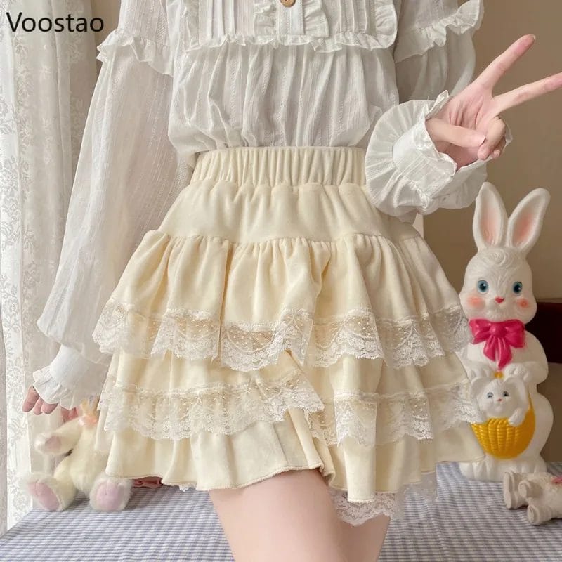 Japanese Kawaii Lolita Style Pleated Skirts Women High Waist Lace Ruffles Fairy Y2k Aesthetic Mini Skirt Cute Faldas Mujer Moda 1