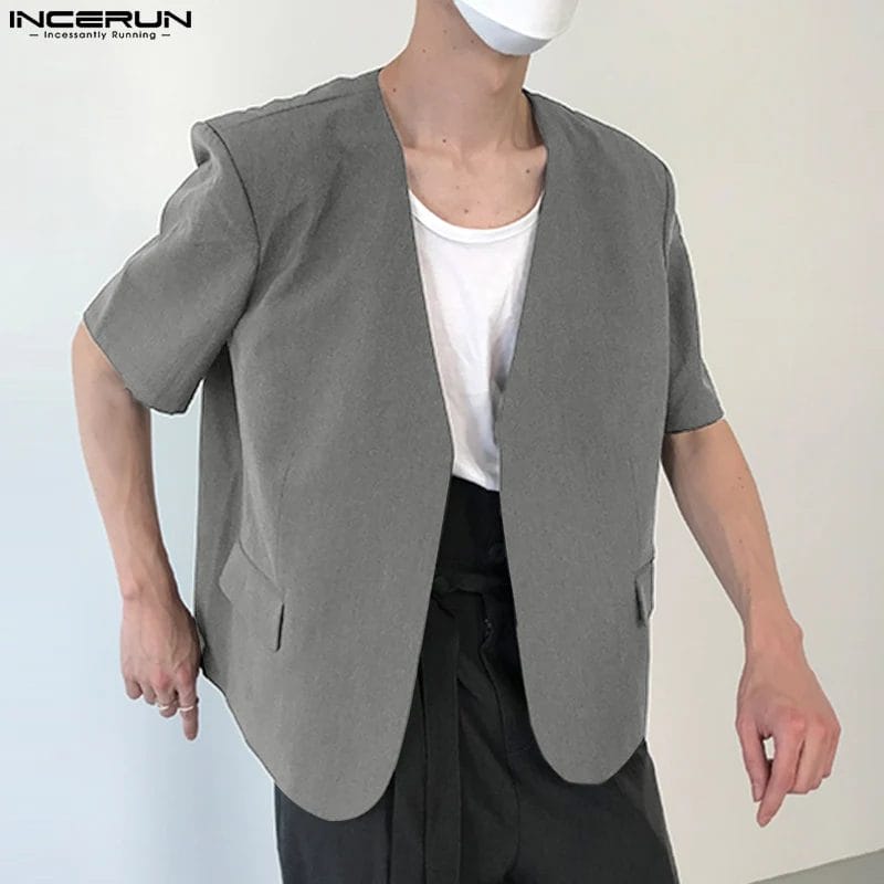 INCERUN Men Blazer Solid Color V Neck Short Sleeve Open Stitch Casual Suits Men Streetwear Summer 2024 Fashion Male Cardigan 1