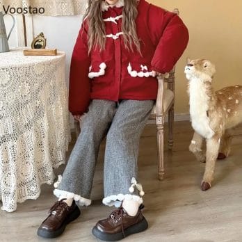 Japanese Kawaii Lolita Lace Bow Plaid Wide Leg Pants Autumn Winter Girl Sweet Casual Woolen Trousers Female Cute Warm Sweatpants 5