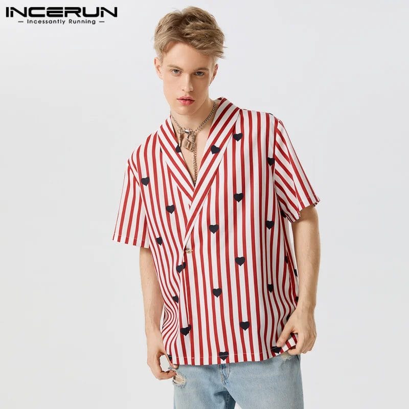 INCERUN Men Shirt Striped Printing Lapel Short Sleeve Summer Men Clothing Loose One Button Streetwear 2023 Casual Camisas S-5XL 1