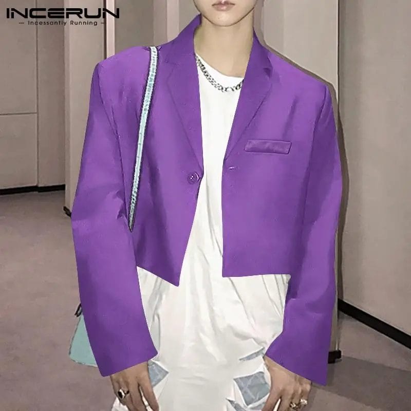 INCERUN Fashion Men Blazer Solid Color Lapel Long Sleeve One Button Crop Coats Men Jackets 2023 Satin Streetwear Casual Suits 1