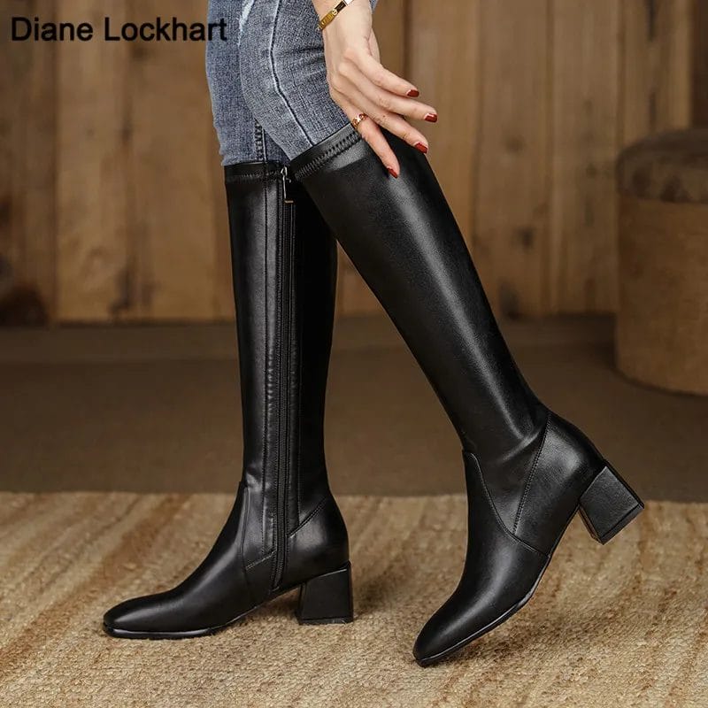 2021 Women New Square Toe High Heels Long Boots Winter Short Plush Knee-high Booties Side Zipper PU Leather Botas Female Black 1
