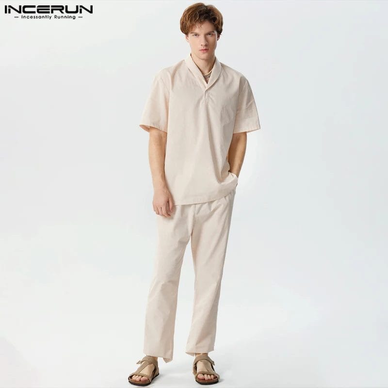 2023 Men's Sets Solid Cotton Loose Lapel Short Sleeve Shirt & Pants Two Pieces Sets Streetwear Fashion Men Casual Suits INCERUN 1