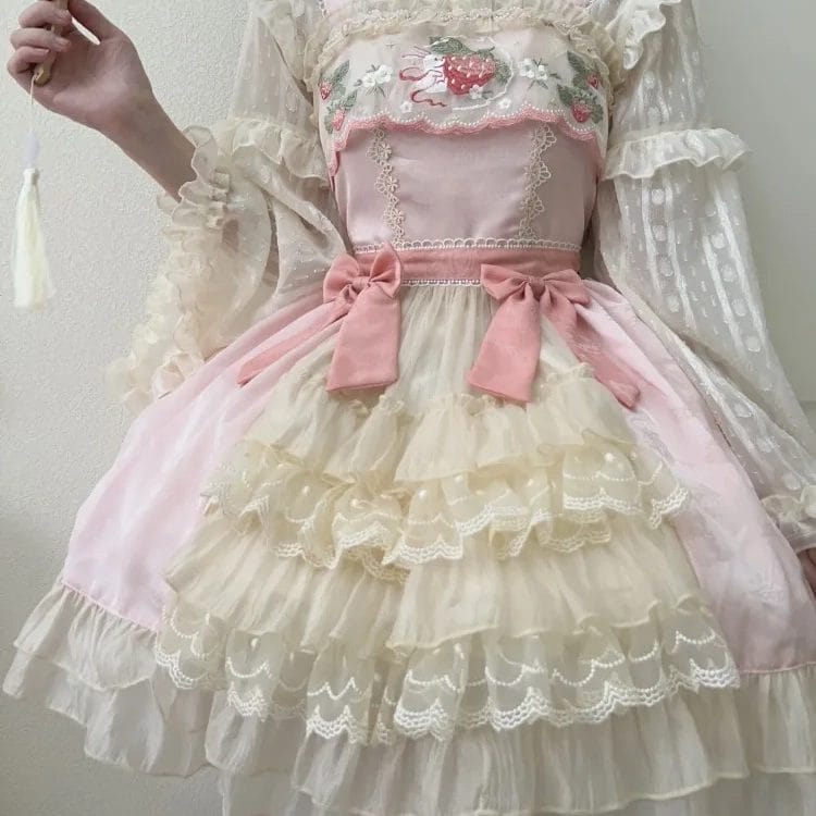 Sweet Lolita Jsk Dress Women Kawaii Strawberry Bunny Embroidery Bow Lace Princess Party Dresses Mesh Blouse Sets Girl Cute Dress 1