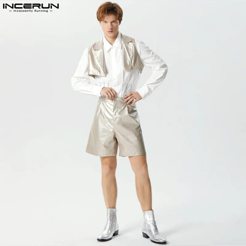 INCERUN 2024 Men Sets PU Leather Streetwear Solid Lapel Sleeveless Crop Vests & Shorts 2PCS Fashion Men's Casual Suits S-5XL 1