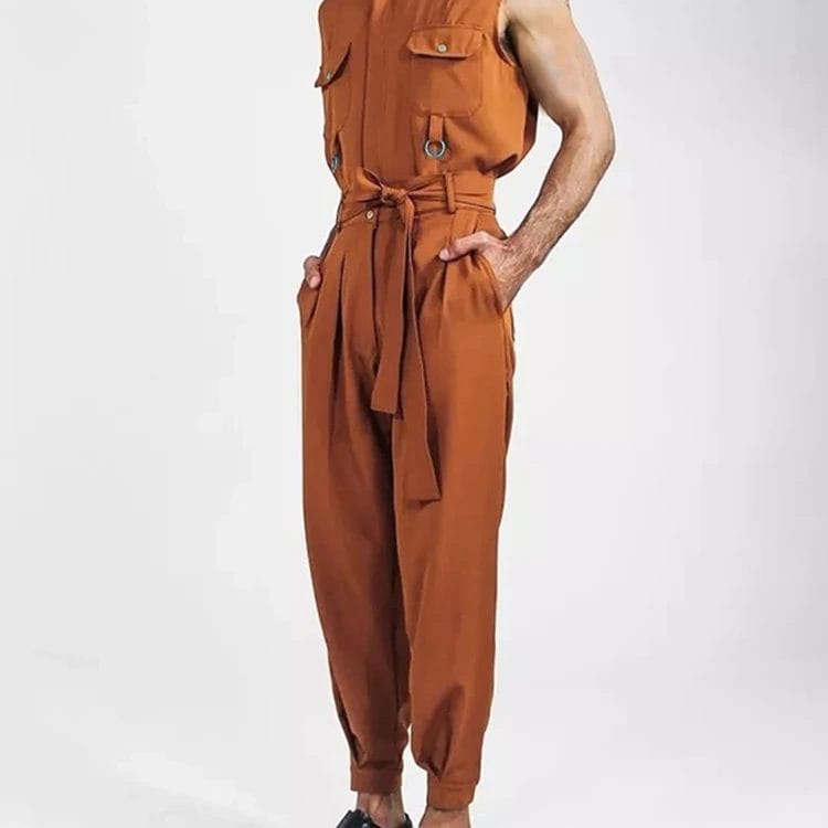 INCERUN Men Jumpsuits Solid Lapel Sleeveless Multi Pockets Fashion Rompers With Belt 2023 Streetwear Casual Cargo Overalls S-5XL 1