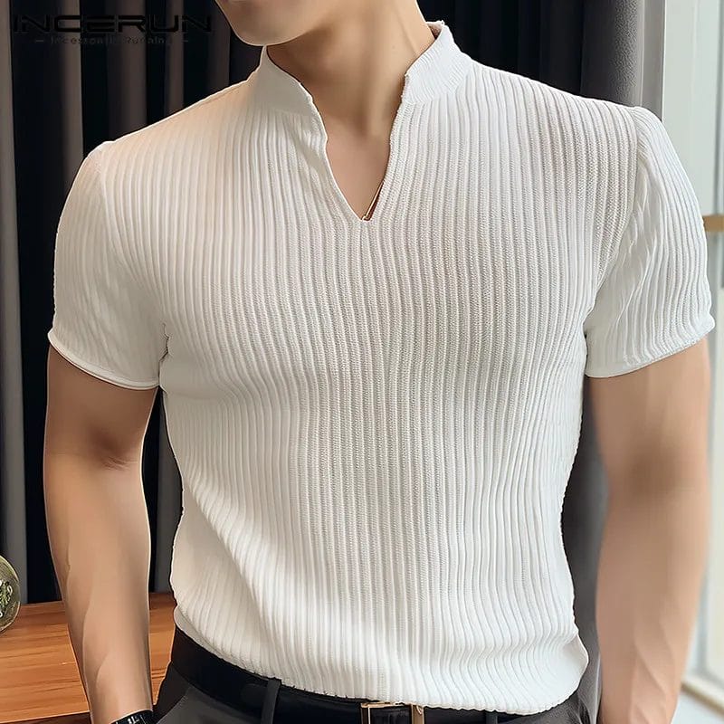 Men's T Shirt Solid Color V Neck Long Sleeve Knitted Fashion Men Clothing Korean Streetwear 2023 Casual Tee Tops S-5XL INCERUN 1