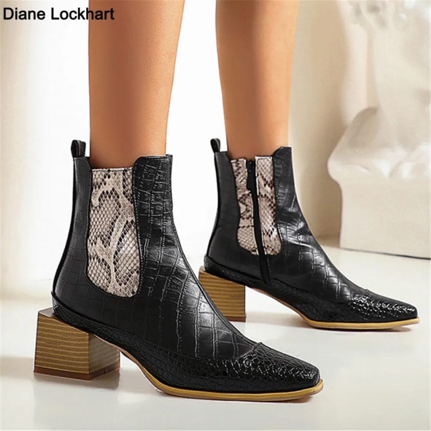 Women Boots Female Autumn Winter PU Leather Cowboy Ankle Boots Pointed Toe Square Heel Woman Booties Snake Shoes Zapatos Mujer 1