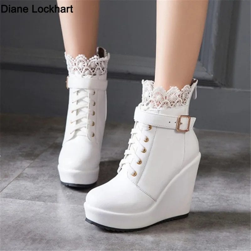 2023 Autumn Women Platform Wedge High-Heeled Ankle Boots Fashion Round Toe Lace-up Winter Booties Short Boats Ladies Footwear 1