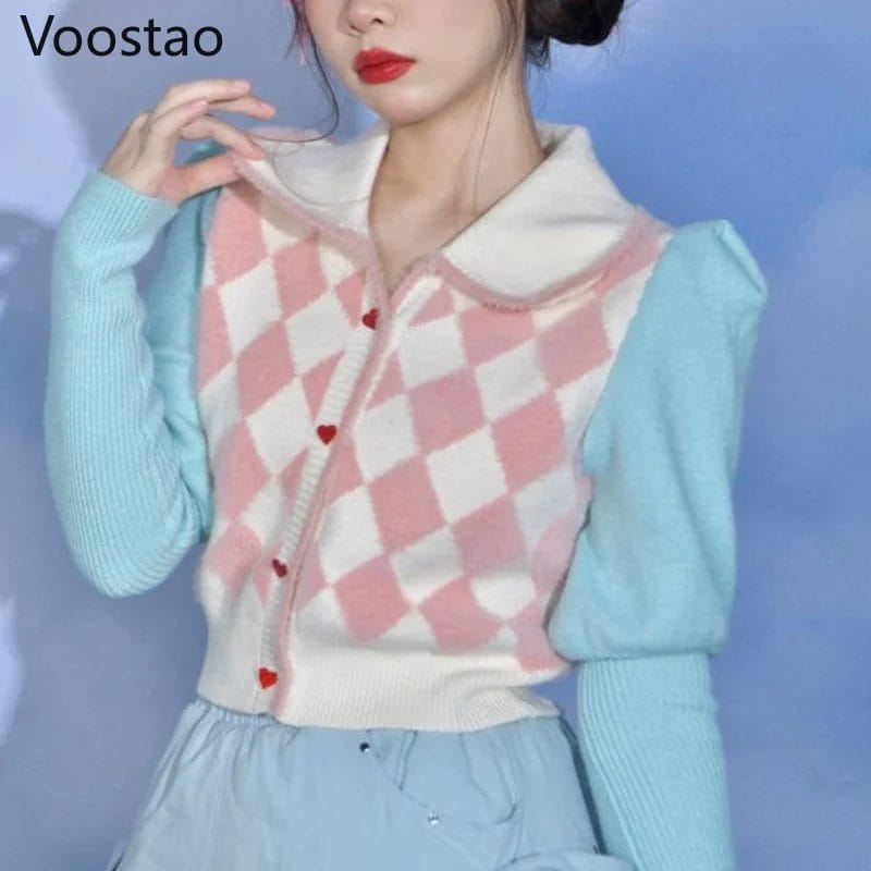 Spring Autumn Cute Lolita Pink Blue Checkerboard Plaid Sweater Women Sweet Puff Sleeve Knitted Princess Cardigan Female Knitwear 1