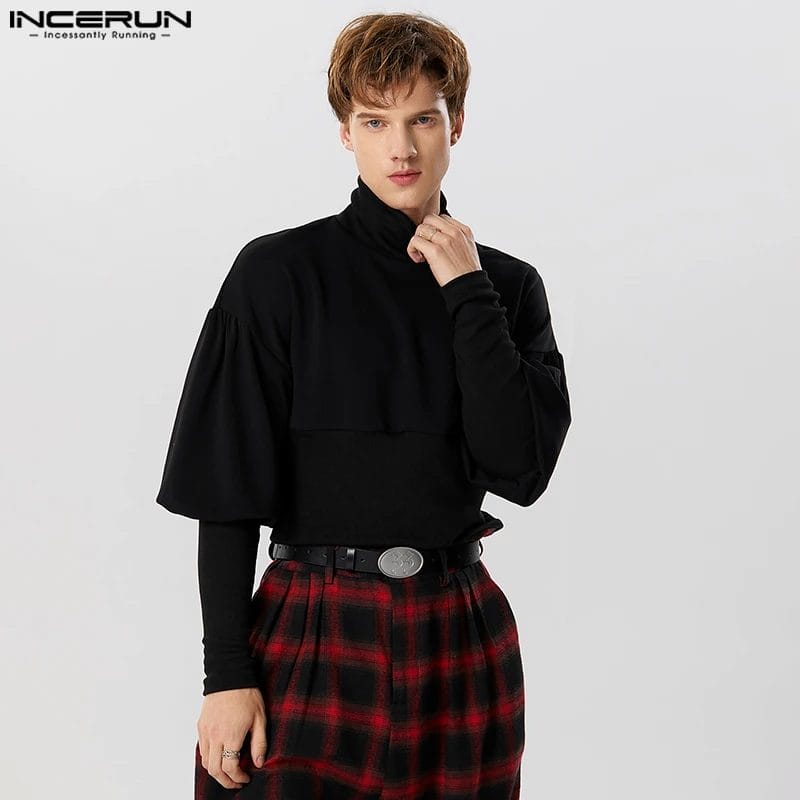 2023 Men T Shirt Solid Color Turtleneck Streetwear Long Sleeve Loose Casual Crop Tops Men Autumn Fashion Camisetas S-5XL INCERUN 1