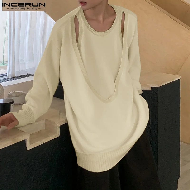 2024 Men Sweaters Hollow Out O-neck Long Sleeve Irregular Pullovers Streetwear Solid Fashion Casual Men Clothing INCERUN S-5XL 1