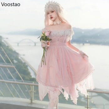 Japanese Kawaii Lolita Princess OP Dress Women Elegant Sweet Rose Lace Pearl Chain Pink Party Dresses Victorian Girl Fairy Dress 2