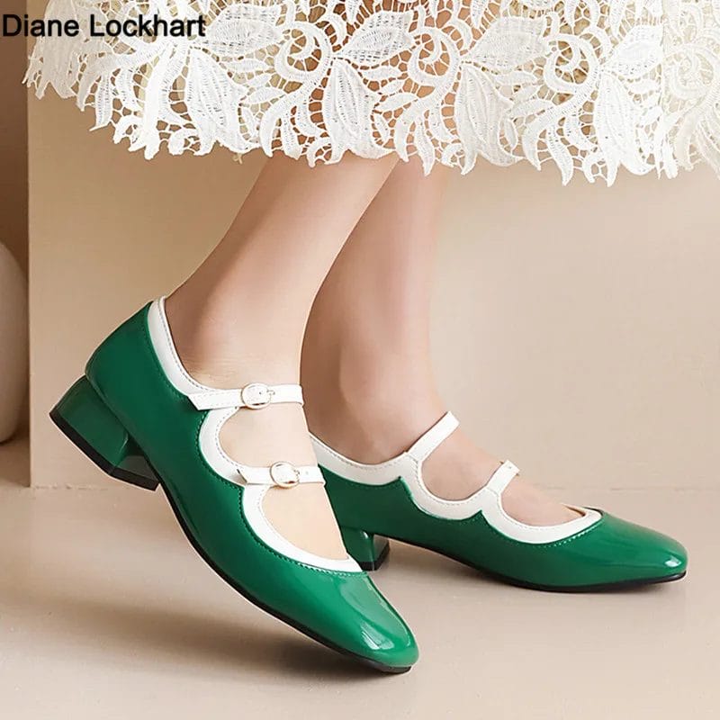 Fashion Women Mary Jane Flats Ladies Shoes Shallow Mouth Square Toe Solid Color Low Heel Vintage Casual Party Mujer Green Black 1