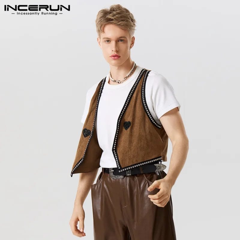 INCERUN 2023 Men Vests Patchwork Shiny V Neck Sleeveless Open Stitch Waistcoats Streetwear Fitness Fashion Casual Vests S-5XL 1
