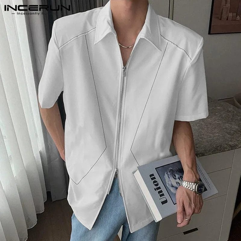 Men Shirt Printing Lapel Short Sleeve Zipper Streetwear Korean Casual Men Clothing Summer 2023 Summer Male Shirts INCERUN S-5XL 1