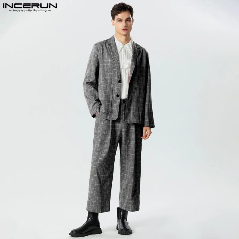 2023 Fashion Men Plaid Sets Streetwear Loose Lapel Long Sleeve Blazer & Straight Pants 2PCS Elegant Men's Casual Suits INCERUN 1