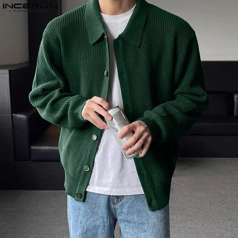 2023 Men Sweaters Solid Color Knitted Lapel Long Sleeve Button Casual Male Cardigan Streetwear Korean Outerwear INCERUN S-5XL 1