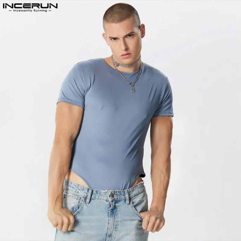 2023 Men Bodysuits Solid Color O-neck Short Sleeve Streetwear Fitness T Shirt Men Rompers Fashion Casual Bodysuit S-5XL INCERUN 1