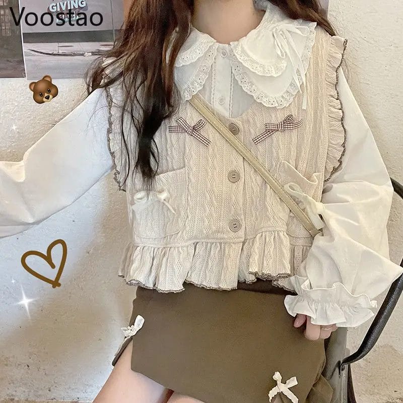 Spring Autumn Sweet Lolita Bow Knitted Sweater JK Cardigan Women Cute Sweater Vest Coat Korean Chic Ruffles Sleeveles Waistcoat 1