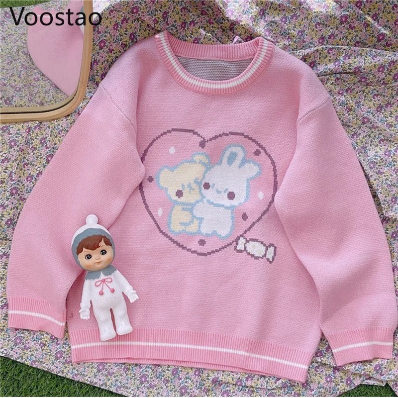 Autumn Winter Sweet Lolita Cartoon Bear Rabbit Knitted Pullovers Japanese Girly Cute Loose JK Sweater Women Kawaii Knitwear Tops 1