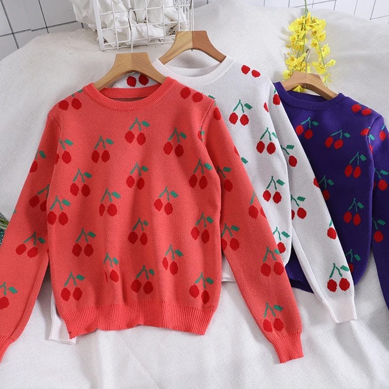 Autumn Winter Women Sweet Cute Preppy Style Cherry Print Loose Knitted Sweater Female Fashion Chic O-neck Pullover Knitwear Tops 1