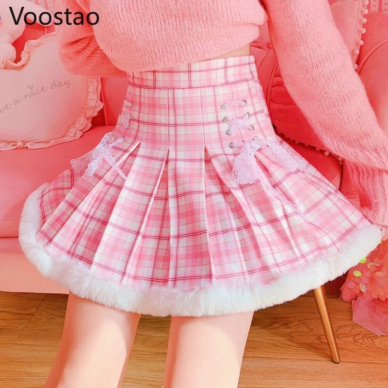 Sweet Lolita Style Women Skirts Korean Fashion Kawaii Lace Lace-Up Pink Plaid Pleated Mini Skirts Girls Kawaii Faldas Mujer Moda 1