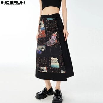 INCERUN Men Skirts Printing Chinese Style Streetwear Loose Vintage Irregular Skirts Pants Retro 2023 Casual Men Bottoms S-5XL 4