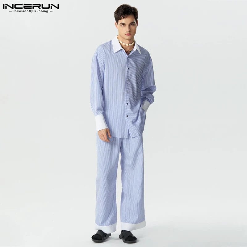 Fashion Men Sets Striped Patchwork Loose Lapel Long Sleeve Shirt & Pants 2PCS Streetwear 2023 Men's Casual Suits S-5XL INCERUN 1