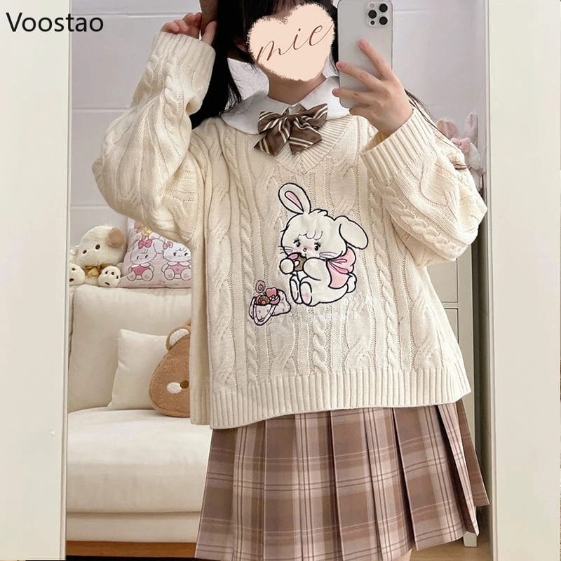 Sweet Lolita Style Knitted Pullovers Women Kawaii Cartoon Bunny Embroidery Sweater Coat Girl Cute V-Neck JK Uniform Knitwear Top 1