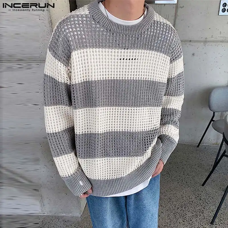 Men T Shirt Striped Hollow Out See Through Loose Men Clothing O-neck Long Sleeve 2023 Streetwear Casual Tee Tops S-5XL INCERUN 1