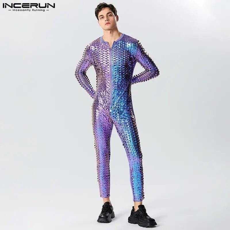 2023 Men Jumpsuits Sparkling Hollow Out Sexy V Neck Long Sleeve Zipper Male Rompers Streetwear Fitness Fashion Overalls INCERUN 1